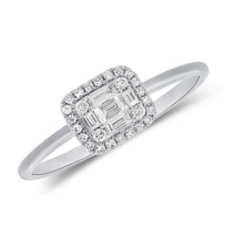 14K Gold Diamond Illusion Halo Ring with Baguette and Round Diamonds