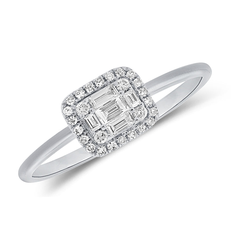 14K Gold Diamond Illusion Halo Ring with Baguette and Round Diamonds