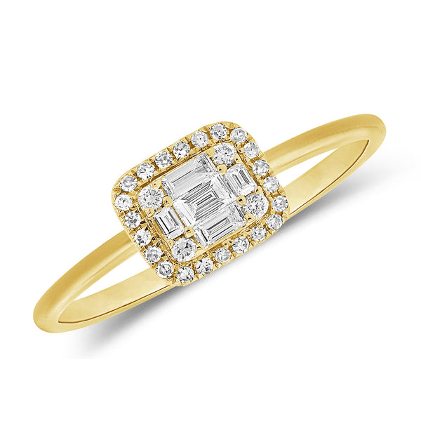 14K Gold Diamond Illusion Halo Ring with Baguette and Round Diamonds