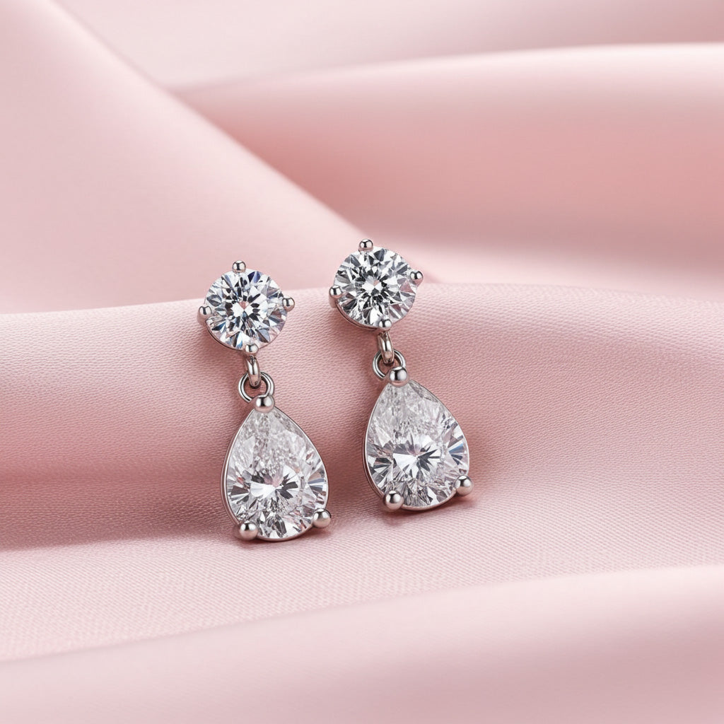 Round & Pear Diamond Drop Earrings in 14K Gold