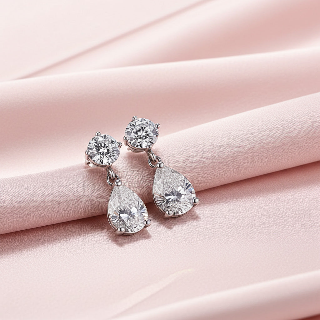 Round & Pear Diamond Drop Earrings in 14K Gold