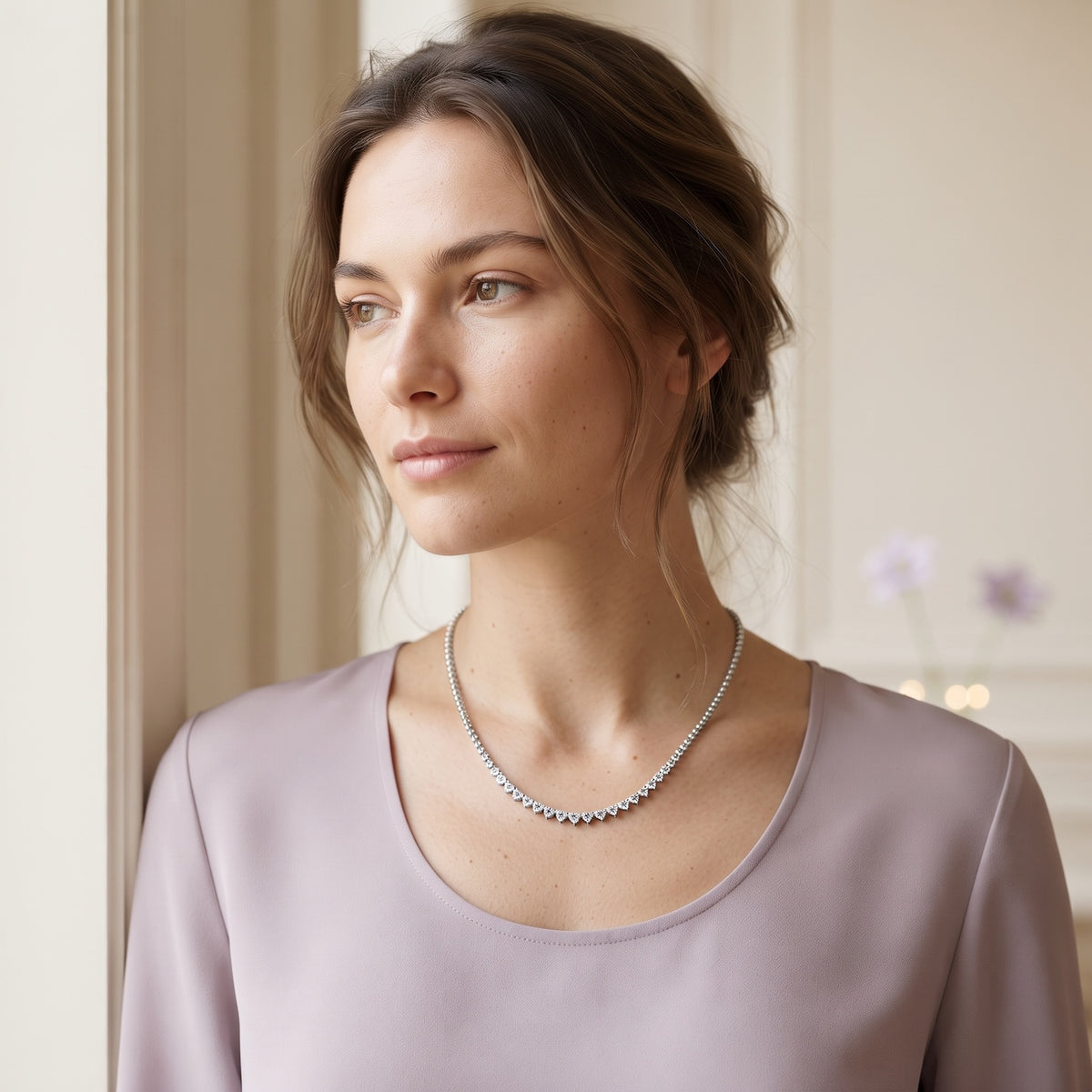 Round Diamond Three-Prong Tennis Necklace