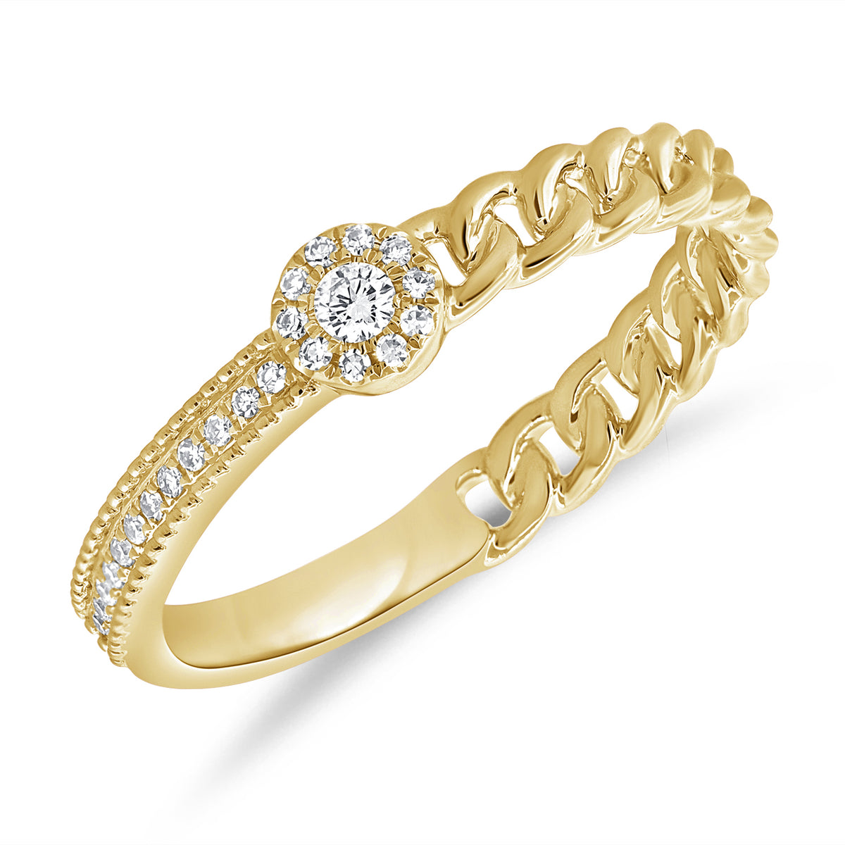 14K Gold Diamond Link Chain Halo Ring – 0.12 Carats