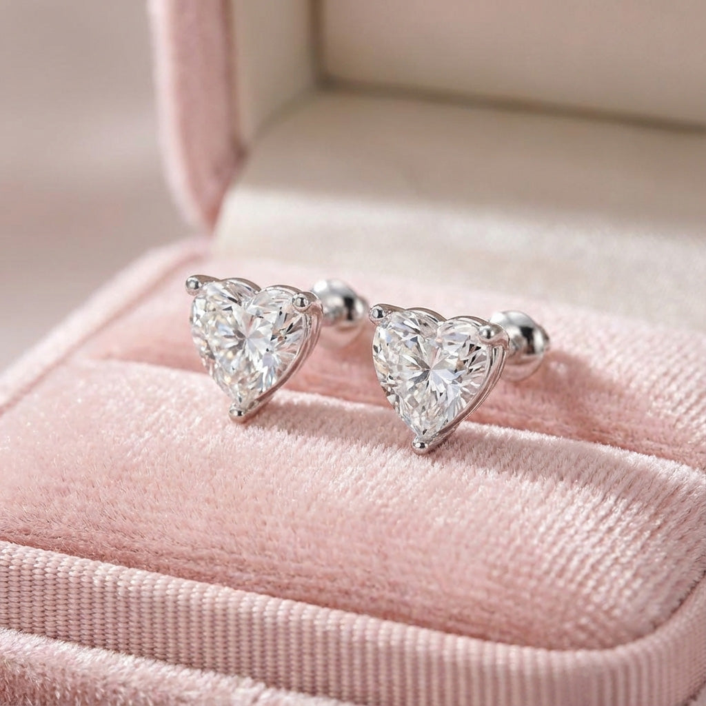 Three Prongs Heart Shaped Diamond Studs Earrings
