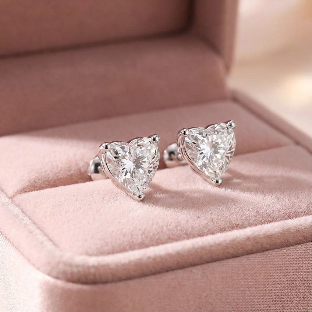 Three Prongs Heart Shaped Diamond Studs Earrings