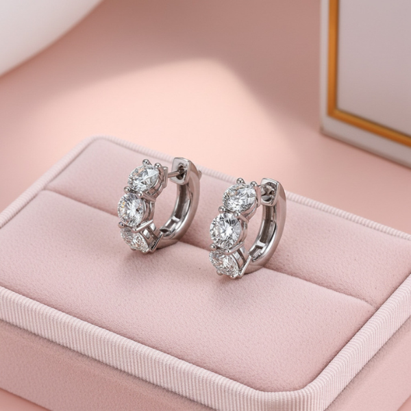 Classic Three-Stone Diamond Huggie Earrings in 14K or 18K Gold
