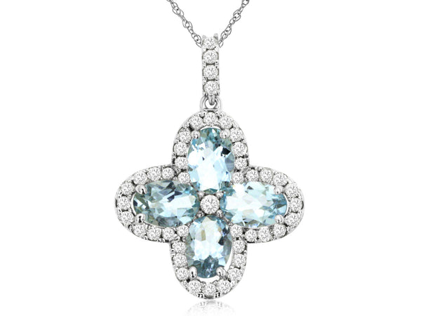 Aquamarine & Diamond Clover Flower Pendant Necklace