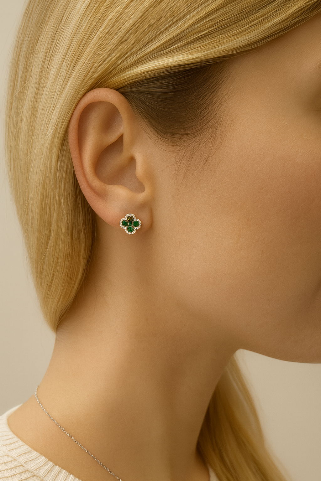 14K Gold Emerald and Diamond Clover Stud Earrings 0.54 Carats, 6.4mm