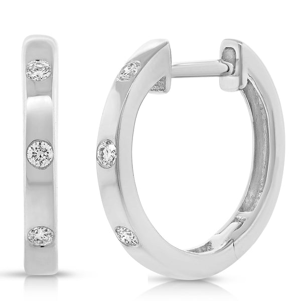 14K Gold Huggie Hoop Earrings with Bezel-Set Diamonds