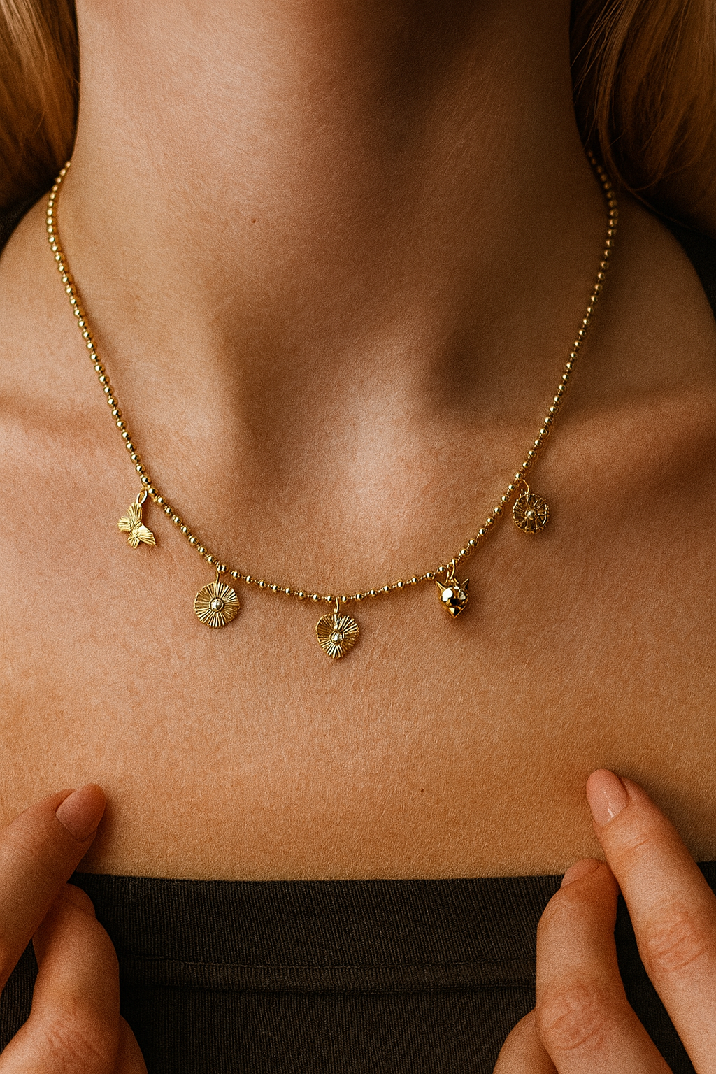 Whimsical 14K Gold Diamond Butterfly Charm Necklace ‚ 0.13 Carat, 18-Inch Beaded Chain