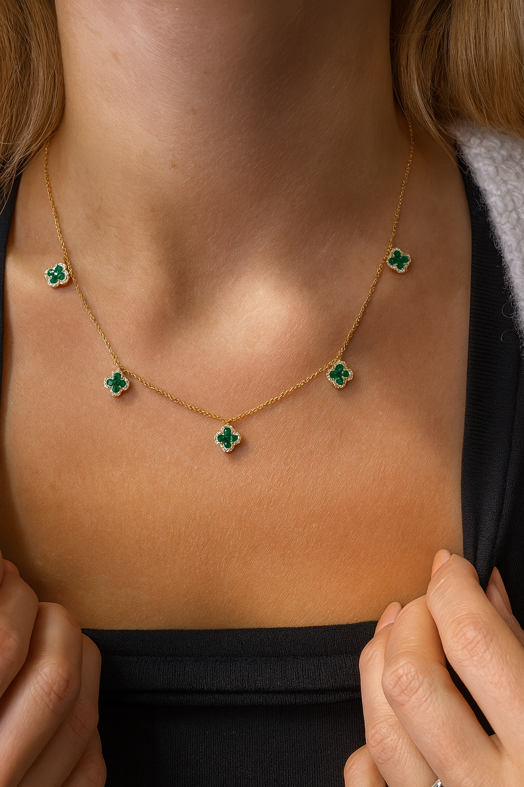 1.75 Carat Emerald and Diamond Clover Station Necklace in 14K Gold