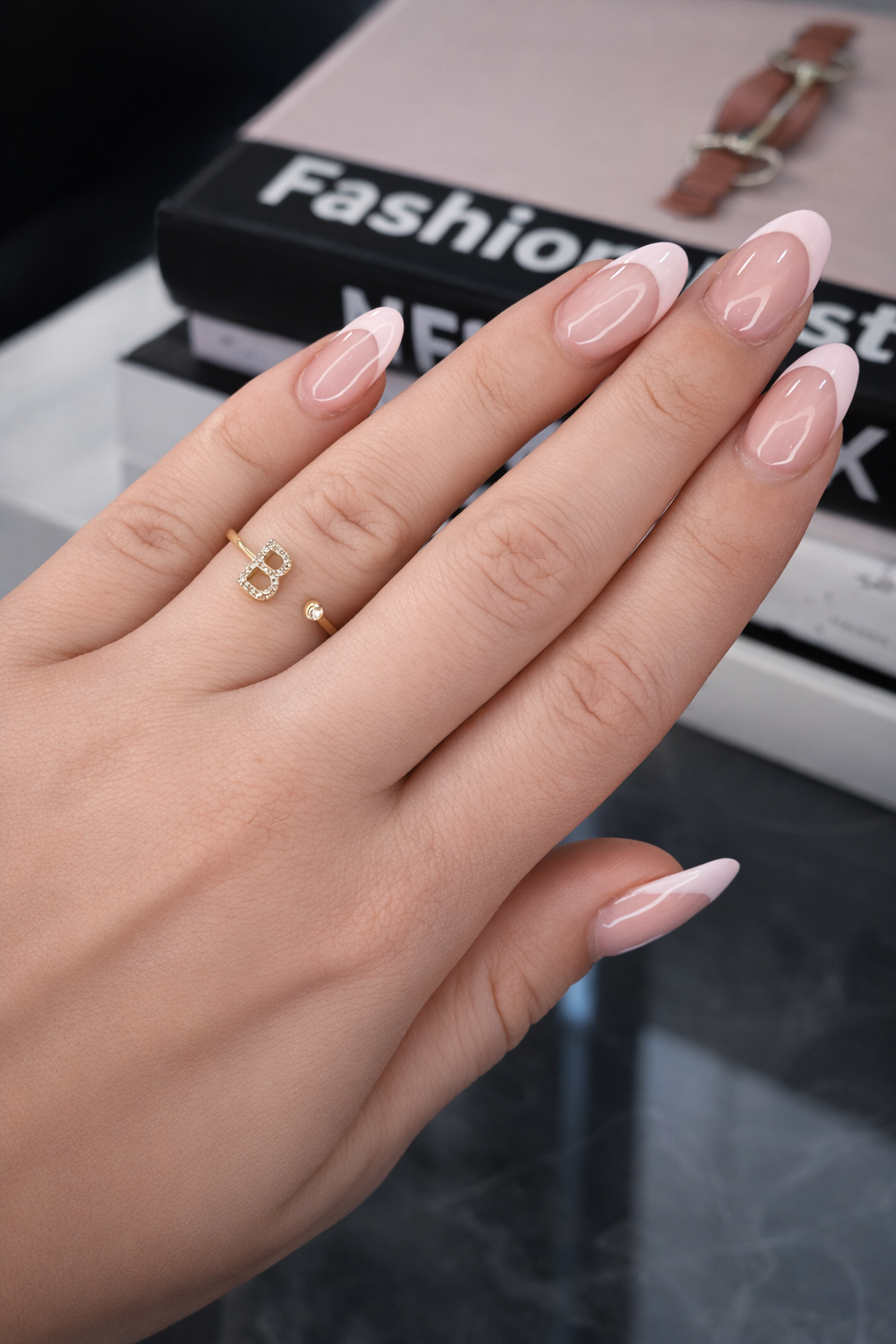 Diamond 'B' Initial Open Ring with Bezel Accent in 14K Gold