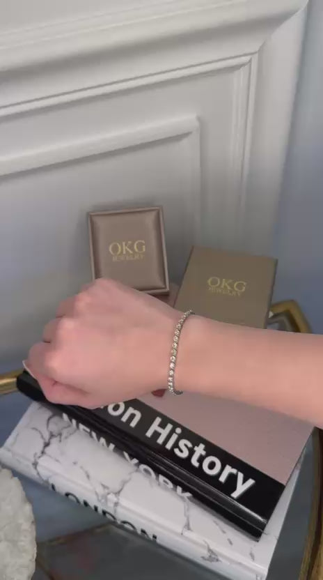 Load video: Lab Grown Diamond Tennis Bracelet 4.70 CTW Round Cut E–F VS2 in 14K White Gold | OKG Jewelry