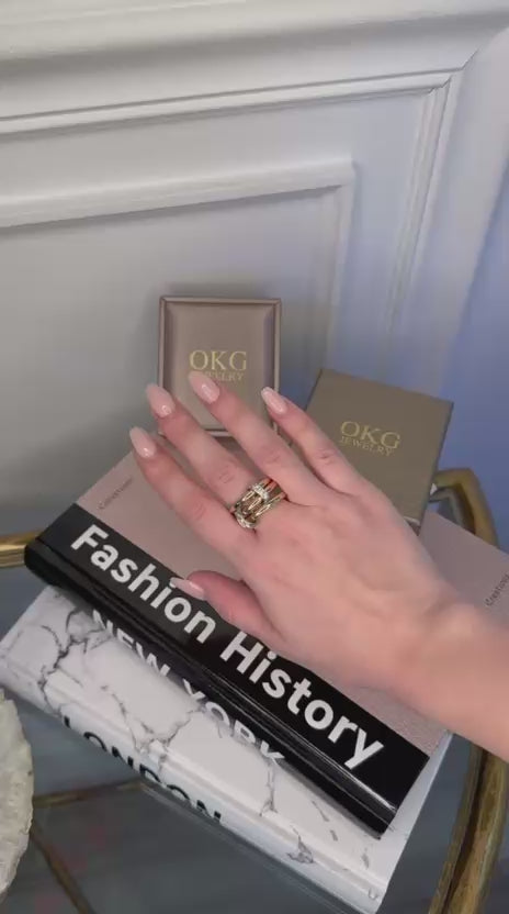Load video: Three Row Diamond Ring in 14K Two-Tone Yellow &amp; White Gold | Modern Triple Band Ring