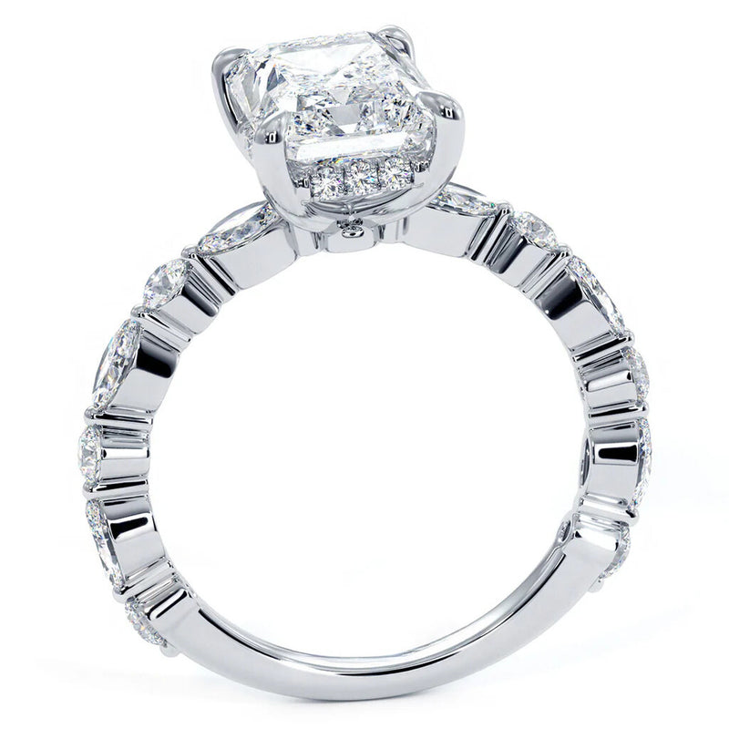 Elegant Emerald-Cut Lab-Grown Diamond Engagement Ring with Marquise and Round Accents