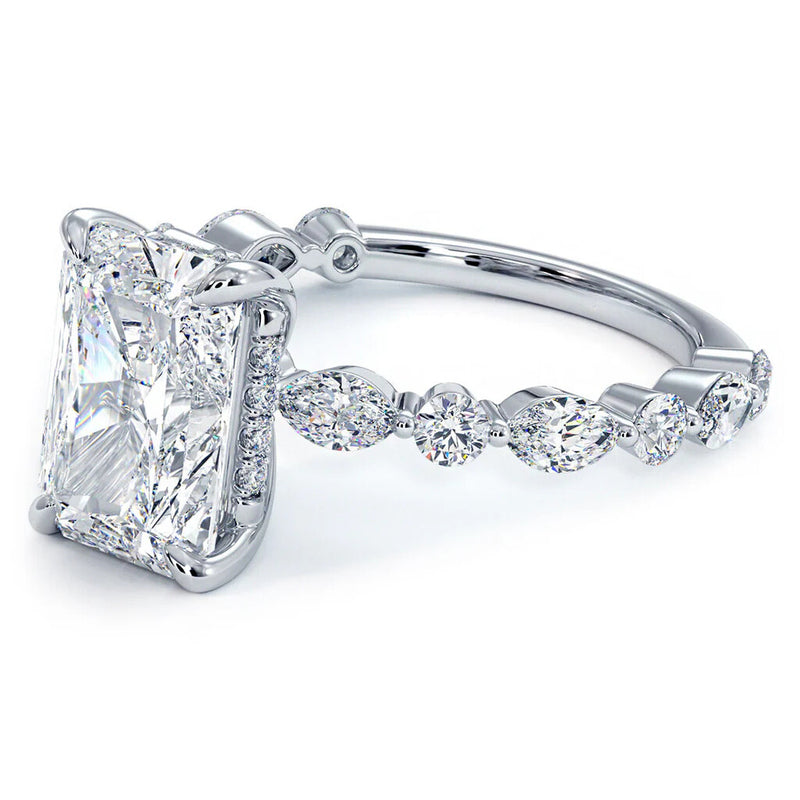 Elegant Emerald-Cut Lab-Grown Diamond Engagement Ring with Marquise and Round Accents