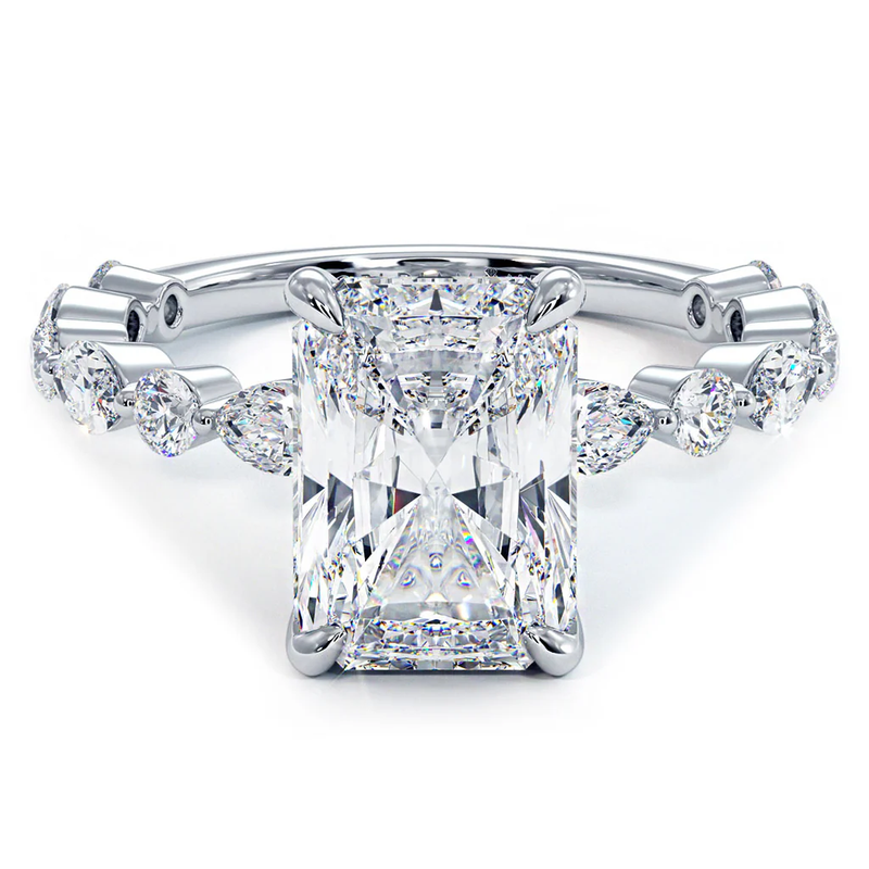 Elegant Emerald-Cut Lab-Grown Diamond Engagement Ring with Marquise and Round Accents