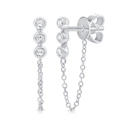 Bezel Set 3 Diamond Stud Earrings with chain detail in 14kt Gold