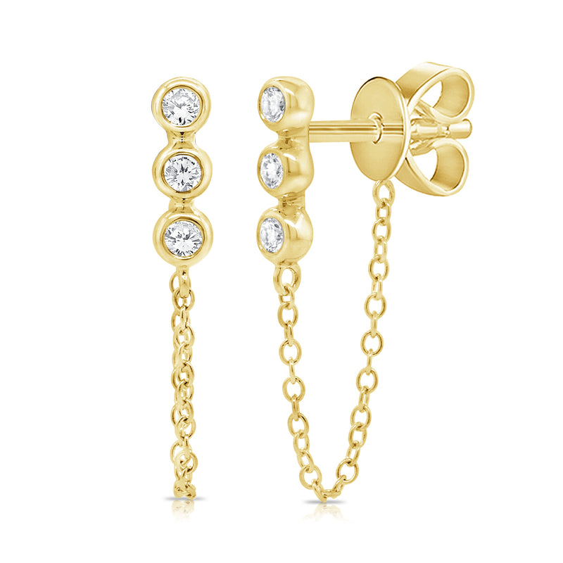 Bezel Set 3 Diamond Stud Earrings with chain detail in 14kt Gold