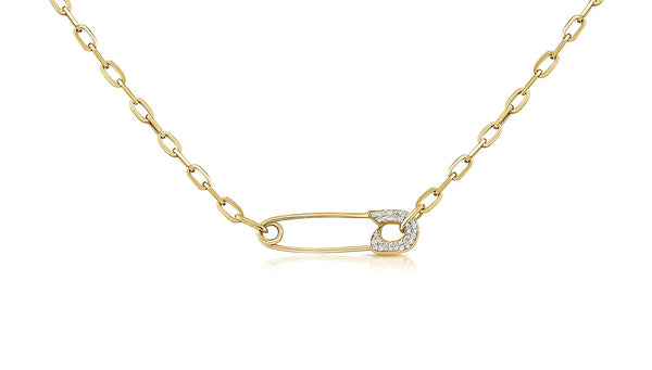 Pave Diamond Safety Pin necklace set in 14kt Yellow Gold
