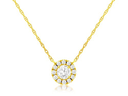 Round Halo Diamond Necklace Yellow Gold