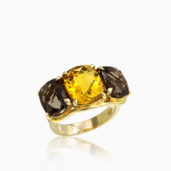 Citrine and Smoky Topaz Three Stone Ring