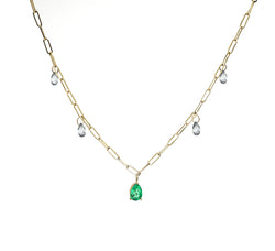 Emerald Necklace with Diamond Drops on a Paperclip Chain