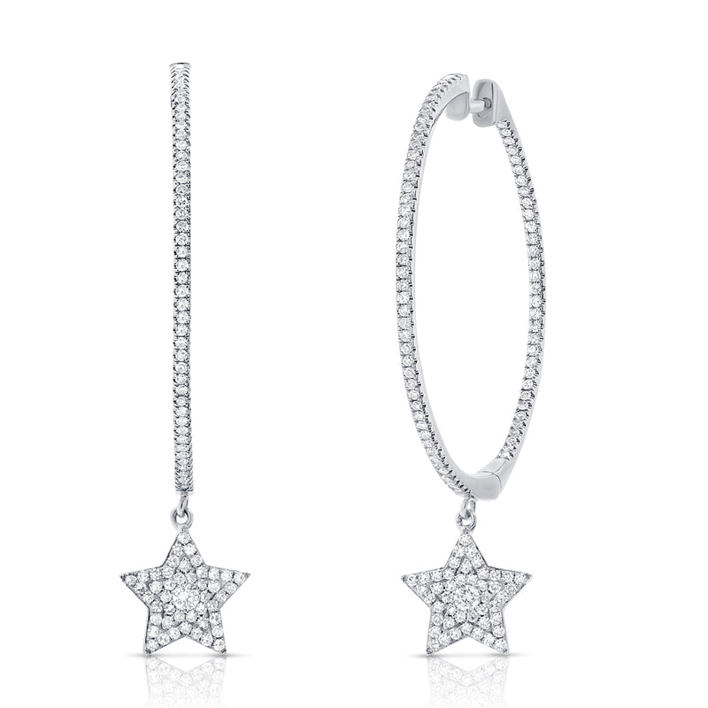 Diamond Hoop Earrings with Celestial Star Dangle Drops set in 14kt Gold