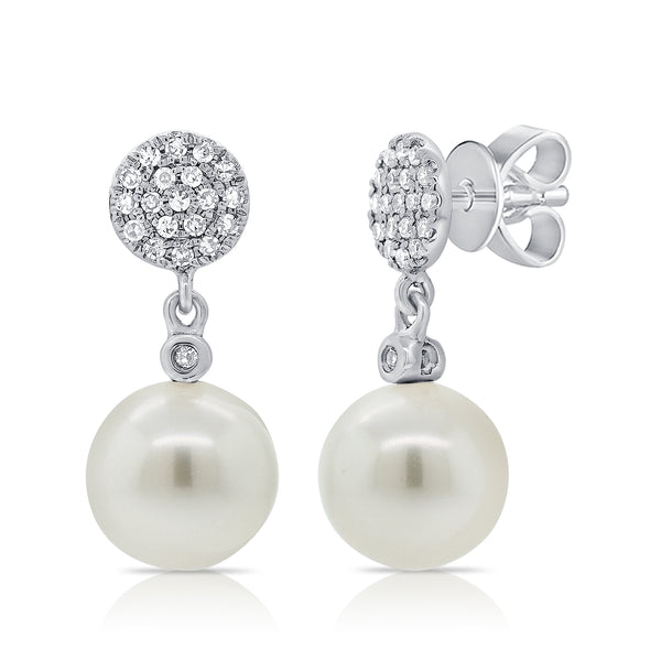Diamond Pave & Cultured Pearl Hanging Earrings in White Gold