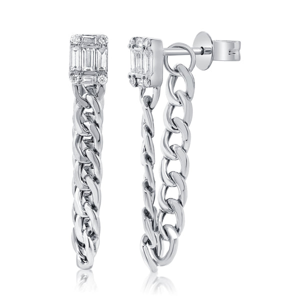 Diamond Studs With Baguette Cuts and Chain Link Dangle Earring