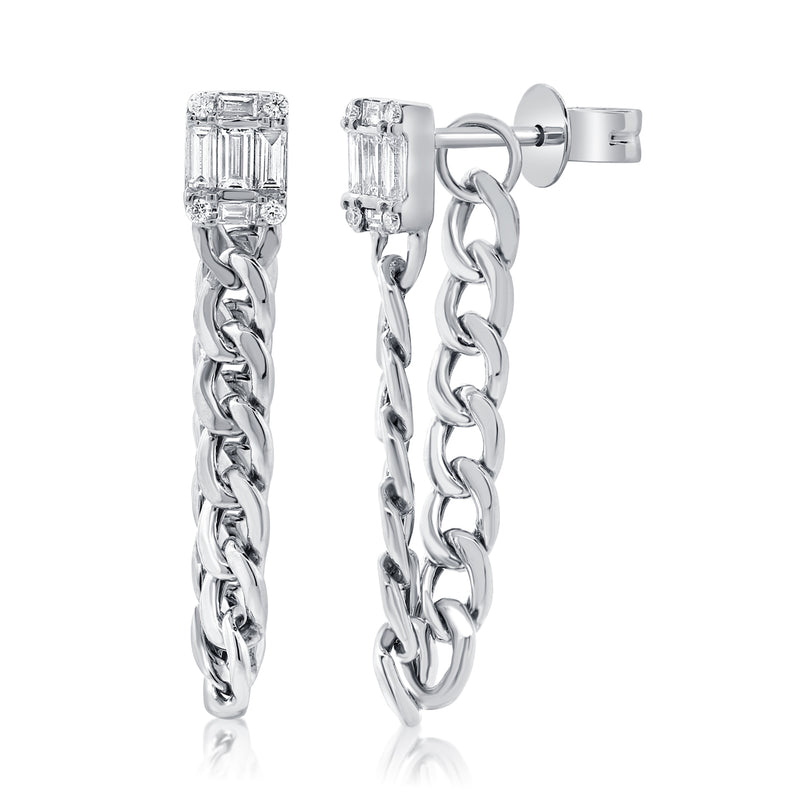 Diamond Studs With Baguette Cuts and Chain Link