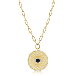Yellow Gold Baguette Diamond Sapphire Evil Eye Medallion