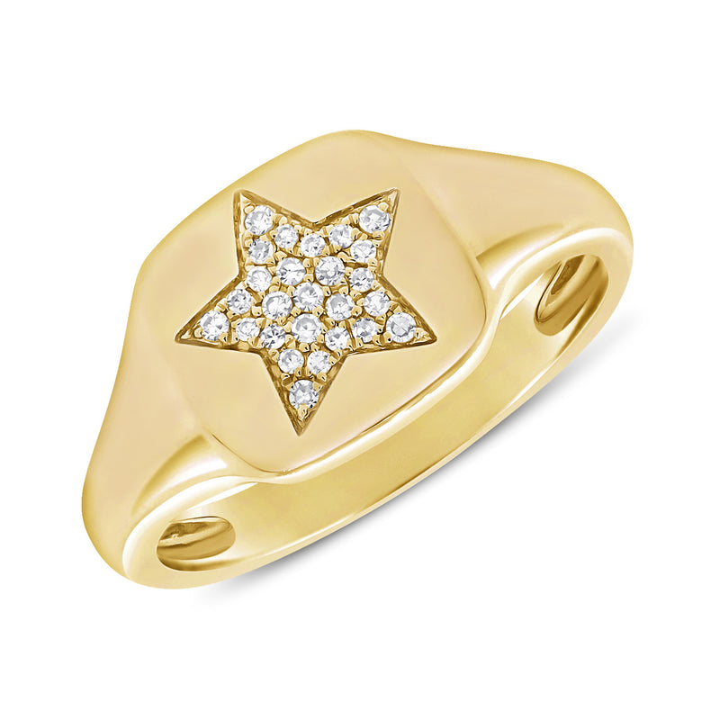 Diamond Signet Pinky Ring set in 14kt Yellow Gold with Round Brilliant Diamonds with Star Design