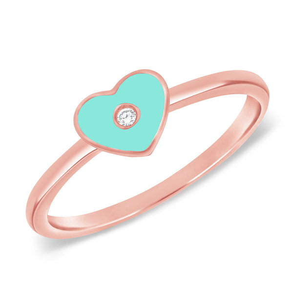 Turquoise Heart Ring with Round Brilliant Diamond center mounted in 14kt Rose Gold