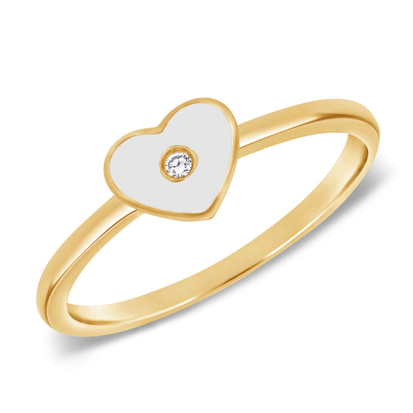 White Enamel & Brilliant Round Diamond Heart Shaped Ring in 14kt Yellow Gold