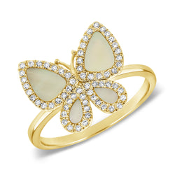 Mother of Pearl Butterfly Ring with diamond Pave set in 14kt Gold