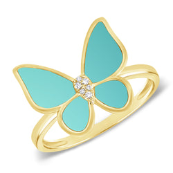Turquoise & Diamond Butterfly Shape Ladies Ring in 14kt Yellow Gold