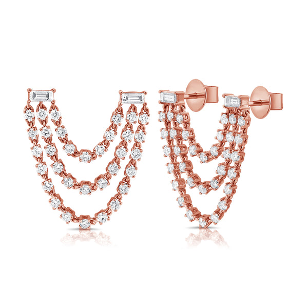 Draped Diamond Stud Earrings with Triple chain in 14kt Gold