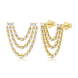 Draped Diamond Stud Earrings with Triple chain in 14kt Gold