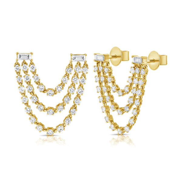 Draped Diamond Stud Earrings with Triple chain in 14kt Gold