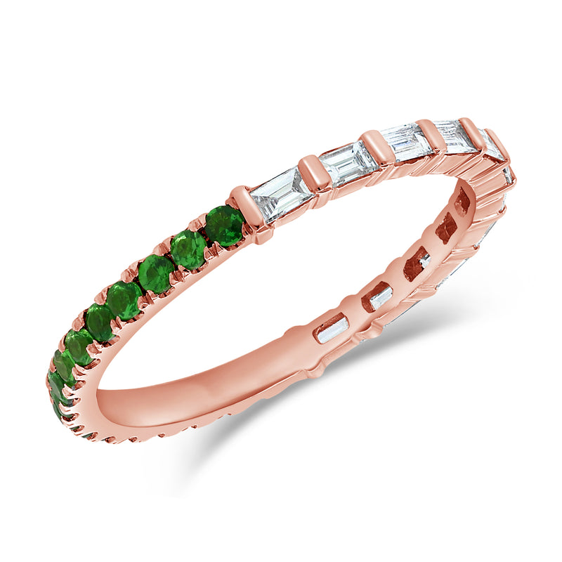 Rose Gold Emerald and Baguette Cut Diamond Band