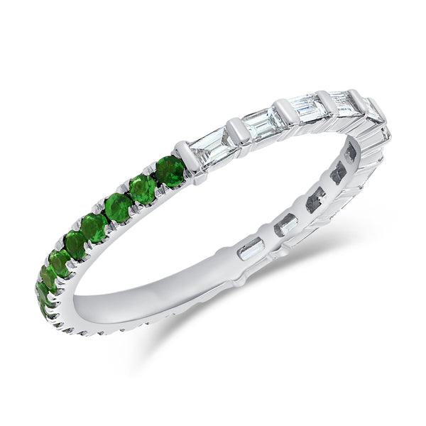 White Gold Emerald and Baguette Cut Diamond Band