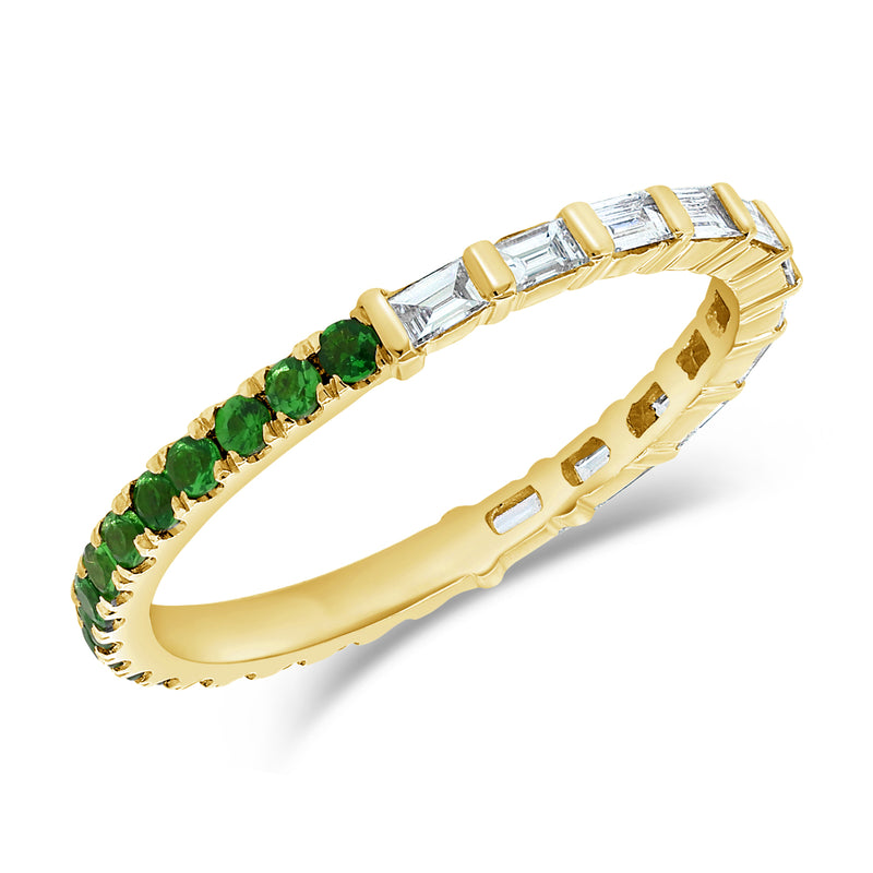 Yellow Gold Emerald and Baguette Cut Diamond Band