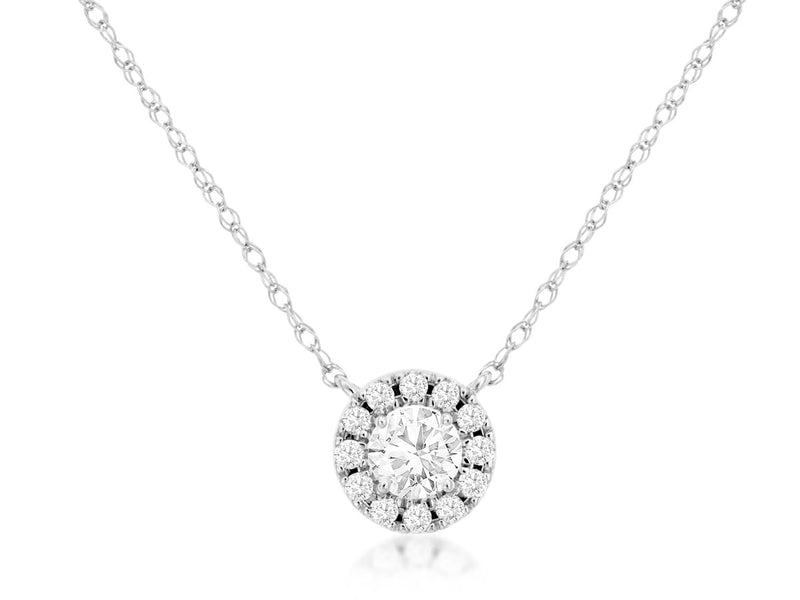 Round Halo Diamond Necklace White Gold