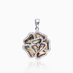 3D Silver Gray Mother of Pearl Rose Pendant with Diamond