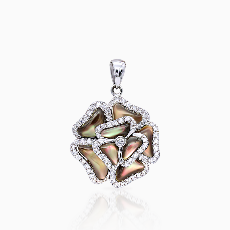 3D Silver Gray Mother of Pearl Rose Pendant with Diamond